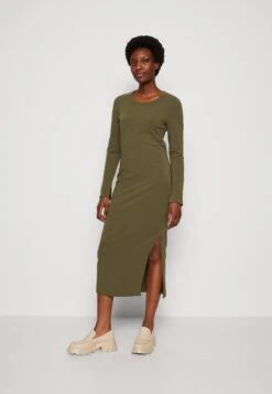 Marc O'Polo Dress Round Neck Long Sleeve Lean And Long With Slit - Jerseyjurk - Wild Olive