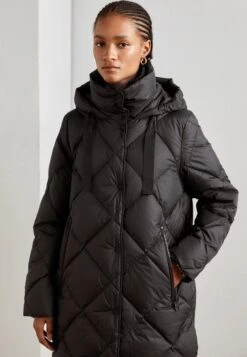 Marc O'Polo Coat Fixed Hood Side Slits Zipper Pockets Logo Tapes - Donsjas - Black